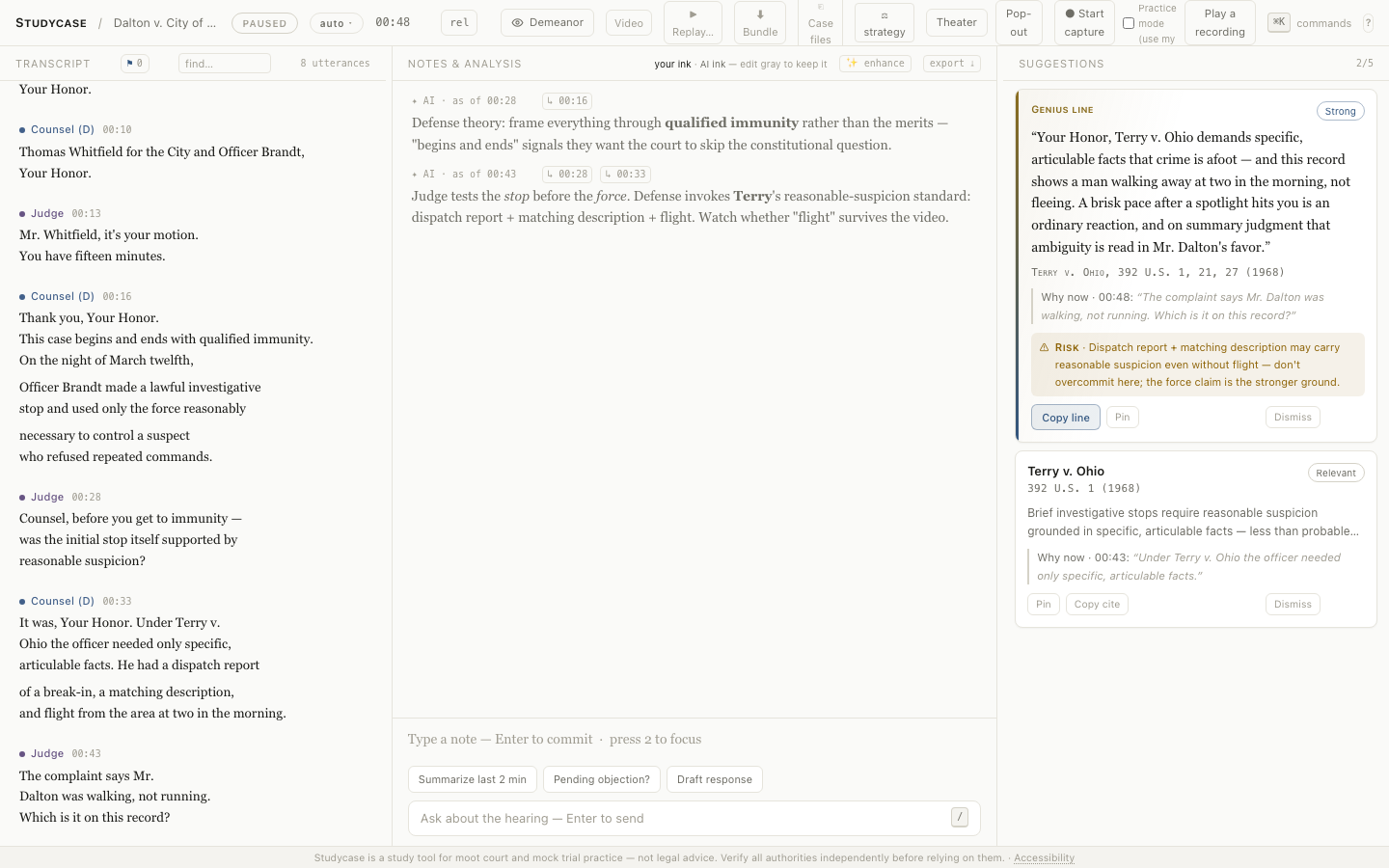 The Studycase cockpit mid-session: a live transcript pane on the left, two-ink notes and AI analysis in the center, and case-law suggestion cards — including a verified genius line quoting Terry v. Ohio — on the right.